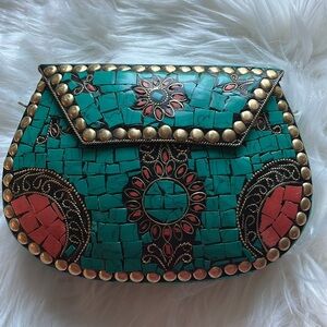 RAMLA Handmade Moroccan Turquoise Tile Mosaic Clutch Crossbody Bag Gold Chain